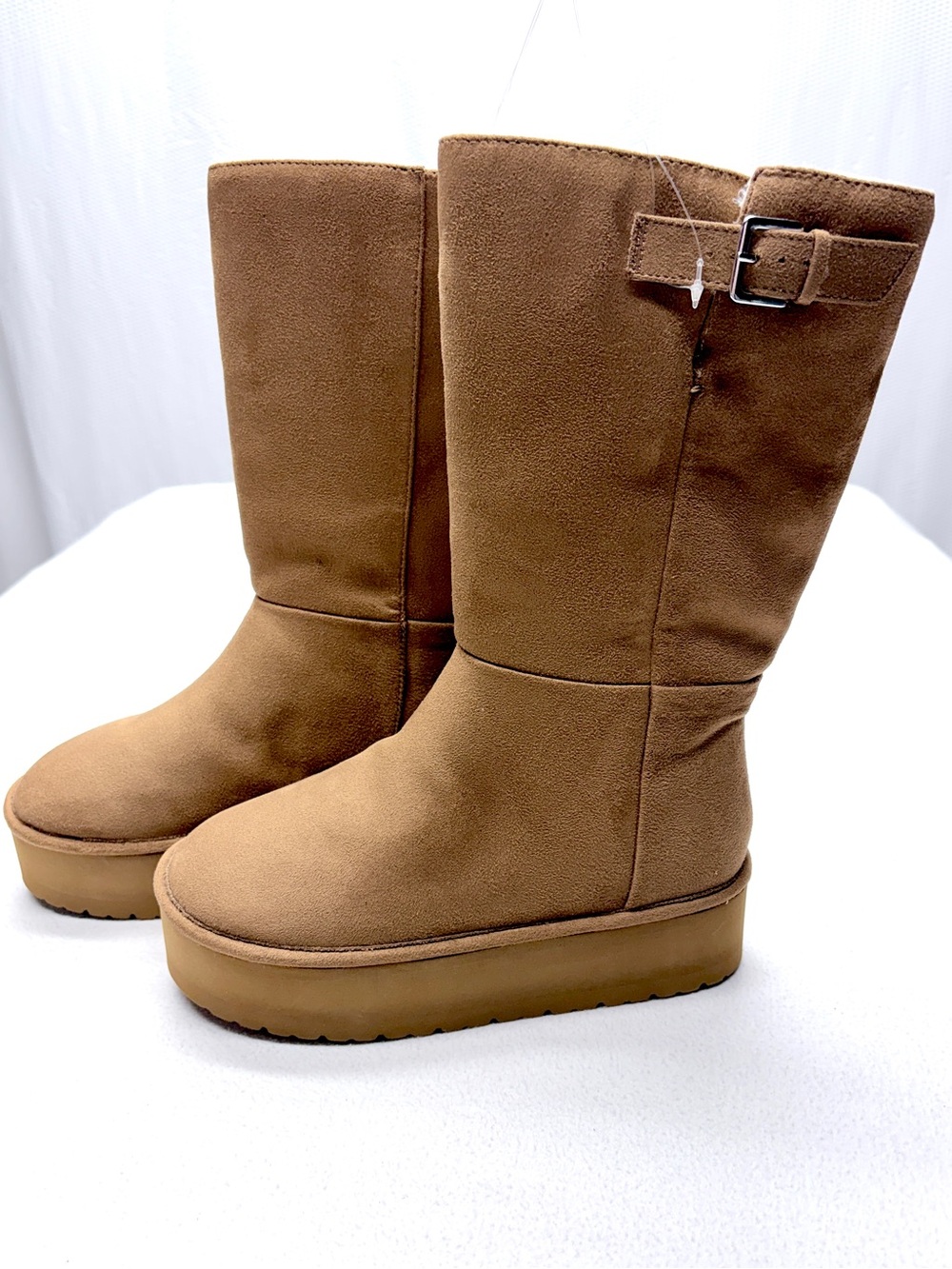 Madden Girl Eclipsed Platform Boots Womens 7 Tan Faux Suede Shearling NWOT